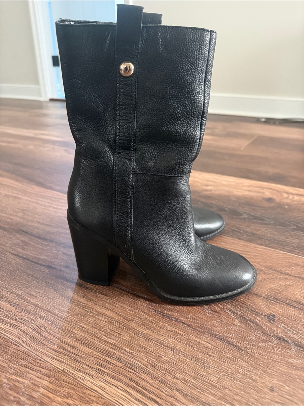 Nine West Women’s Black Leather Mid-Calf Heel Boots